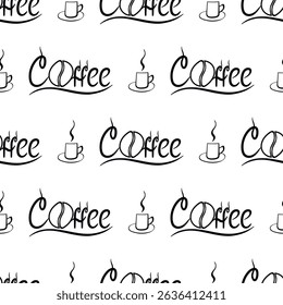 Seamless pattern with the inscription coffee and a coffee cup. Can be used for making wallpaper, fabrics and other types of products