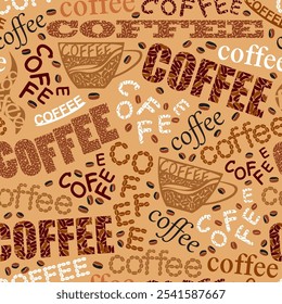 seamless pattern with the inscription coffee on a light brown