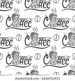 Seamless pattern with the inscription coffee and a coffee turk. Can be used for making wallpaper, fabrics and other types of products