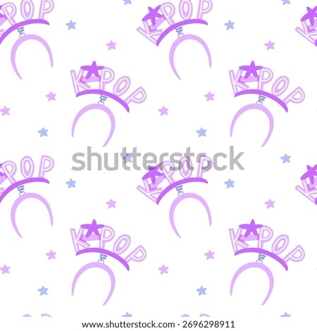 Seamless pattern with inscription K-pop bopper on the headband on spring. Hairband in support of band. Fashionable, colorful flat vector illustration concert accessories, textiles, packaging, design.