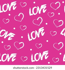 Seamless pattern with the inscription Love in graffiti style on a pink background.