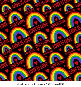 Seamless pattern with the inscription "love is love", red hearts and LGBT rainbow. Pride pattern. Vector color illustrations isolated on a black background. For decoration of textiles, wrapping paper.