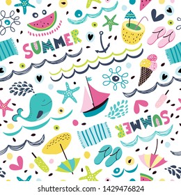 Seamless pattern with the inscription summer. Summer background with whale, ice cream, umbrellas, ships, beach, flip-flops, cocktail, towel and hearts. 