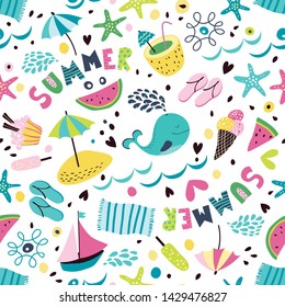 Seamless pattern with the inscription summer. Summer background with whale, ice cream, umbrellas, ships, beach, flip-flops, cocktail, towel and hearts. 
