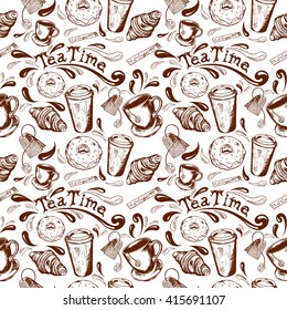seamless pattern with inscription tea time, donut glaze, croissant, cup and saucer, cup of coffee to go, Stick sugar and splatter retro hand-drawn