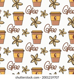 Seamless pattern, inscriptions: coffee. Doodle style, freehand drawing. Coffee lovers. For wallpapers, postcards, greetings, backgrounds, menus, design of cafes and shops. Vector