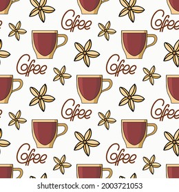 Seamless pattern, inscriptions: coffee. Doodle style, freehand drawing. For wallpapers, postcards, greetings, backgrounds, menus, design of cafes and shops. Vector