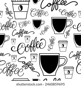 Patrón sin costuras, inscripciones: café. Estilo Doodle, dibujo a mano alzada. Para Fondos de pantalla, postales, saludos, fondos, menús, diseño de cafeterías y tiendas. Vector