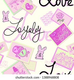 SEAMLESS pattern with inscriptions fishing and loyalty cute and beautiful