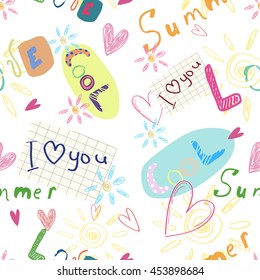 Seamless pattern with inscriptions, hearts etc.