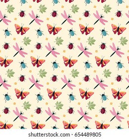 seamless pattern insect animal ladybug butterfly dragonfly beetle leaf flower on yellow background wallpaper textile vector