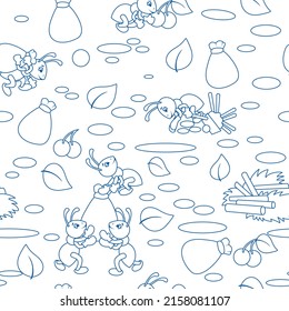 Seamless pattern, insect ants workers prepare food. Blue pen drawing.