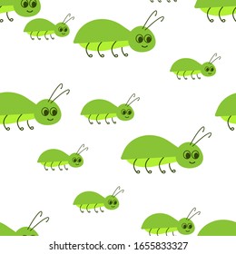 Seamless pattern with Insect. Green beetle on a white background. Flat design for children. Cute cartoon kawaii funny Doodle character. Vector.