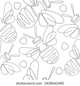 seamless pattern of an insect namely a honey bee drawn with one line and hearts on a white background, for design, posters or banners