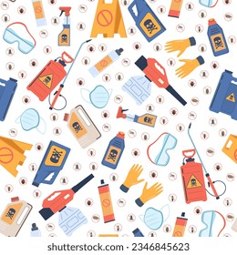 Seamless pattern with insect repellents. Spraying antiparasitic chemicals. Professional disinfect equipment. Various bugs icons. Cartoon flat isolated on white background elements vector concept