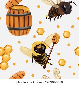 Seamless pattern with insect, wasp, beeswax, honey bee, barrel of honey. Pattern with insect for your design. 3d Vector illustration