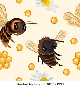 Seamless pattern with insect, wasp, beeswax, honey bee, Chamomile flower. Pattern with insect for your design. 3d Vector illustration