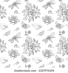 Seamless pattern. Insects among flowers. Dragonflies, bumblebees and butterflies in the blooming garden. Summer illustration.