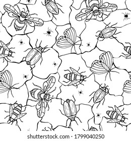 Seamless pattern with insects. Beetle, bee, spider, bug. Hand drawn vector collection. Print for wrapping paper, fabric and clothes kids.