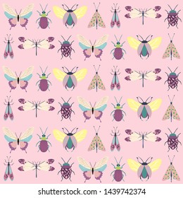 Seamless pattern with insects - beetles, butterflies, moths. Editable Vector illustration