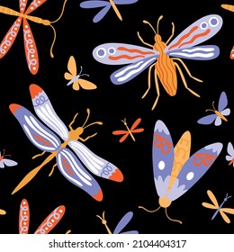 Seamless pattern with insects, beetles, dragonflies and butterflies, vector illustration on a black background for printing on wallpapers, textiles, wrapping paper and web designs