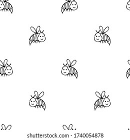 Patrón sin foco con insectos. Dibujo de contorno negro sobre fondo blanco. Ilustración vectorial.
