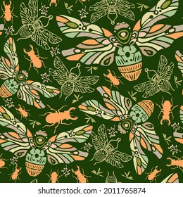 Seamless pattern of insects and botanical elements. Can be used for printing on fabric, paper, as a background for covers, labels, packages, etc.