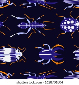 Seamless pattern with insects bugs, beetles on dark background. Cartoon vector illustration in modern flat style perfect for wrapping paper and wall decoration. 
