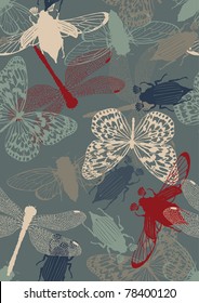 Seamless pattern with insects: bugs, butterflies, dragonflies