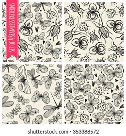 Seamless pattern with insects. Butterflies, flies, beetles and spiders. Set
