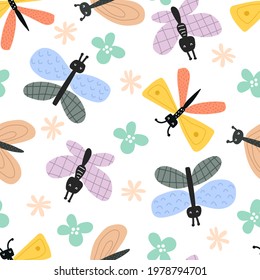 seamless pattern with insects, decor elements. summer colorful vector for kids, flat style. Baby design for fabric, textile, print, wrapper.