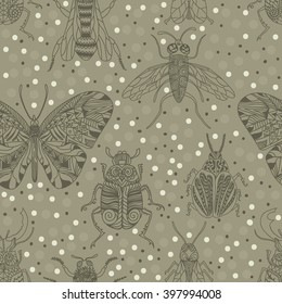 Seamless pattern with insects for design, icons, logo, print or else. Bee, mosquito, wasp, colorado beetle, butterfly, stag beetle, fly. Vector illustration.