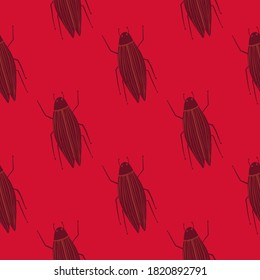 Seamless pattern with insects doodle silhouttes. Red and maroon colored bugs ornament. Nature wildlife backdrop. Perfect for wallpaper, textile, wrapping paper, fabric print. Vector illustration.