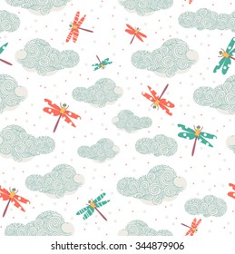 Seamless pattern with insects dragonflies and decorative clouds with dots