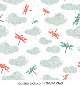 Seamless pattern with insects dragonflies and decorative clouds with dots