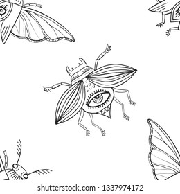 Seamless pattern. Insects with eyes. Magical beetles. Isolated on white background.