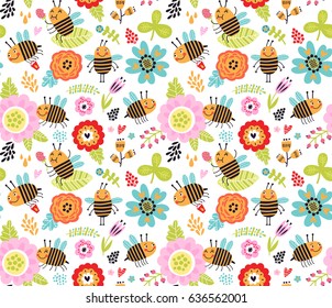 Seamless pattern. Insects and flowers. Baby background with beetles
