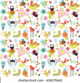 Seamless pattern. Insects and flowers. Baby background with beetles