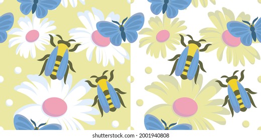 Seamless pattern with insects and flowers. Colorful bees and butterflies summer background in two colors 