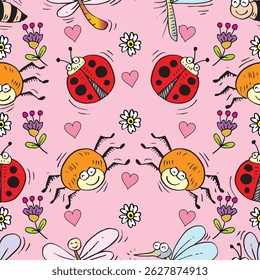 Padrão perfeito com insetos e corações. Ilustração vetorial em estilo cartoon.