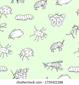 Seamless pattern with insects on a blue background. Vector illustration with insects. Design of packaging paper for children. Printing on fabrics, clothing, and dresses. Doodle style. 