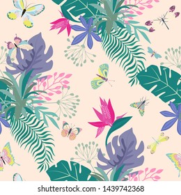 Seamless pattern with insects and plants. Editable Vector illustration