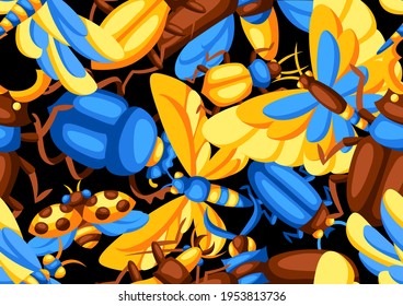 Seamless pattern with insects. Stylized butterflies, beetles and dragonflies.