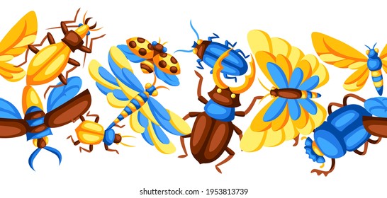 Seamless pattern with insects. Stylized butterflies, beetles and dragonflies.