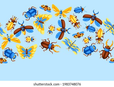 Seamless pattern with insects. Stylized butterflies, beetles and dragonflies.