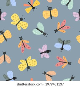 patrón ininterrumpido con insectos. vector colorido de verano para los niños, de estilo plano. Diseño de bebé para tela, textil, impresión, envoltura.