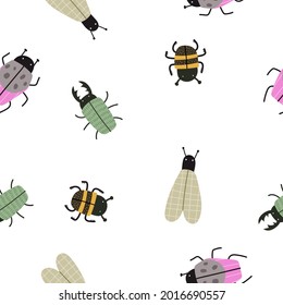 patrón ininterrumpido con insectos. vector colorido de verano para los niños, de estilo plano. Diseño de bebé para tela, textil, impresión, envoltura.