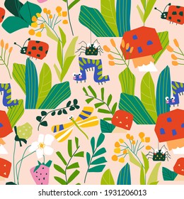 Seamless pattern with insects in summer plants and flowers on white background