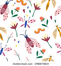 Seamless pattern with insects and wildflowers. Butterflies, dragonflies, flowers, worms. Summer meadow seamless pattern. Hand drawn decorative texture for fabric, wallpaper. Vector flat illustrations.