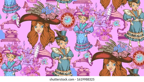 Seamless pattern inspired by the 1890s. Cute girl and objects in the spirit of the era. Vector illustration. Suitable for fabric, wrapping paper, digital paper, wall paper and the like